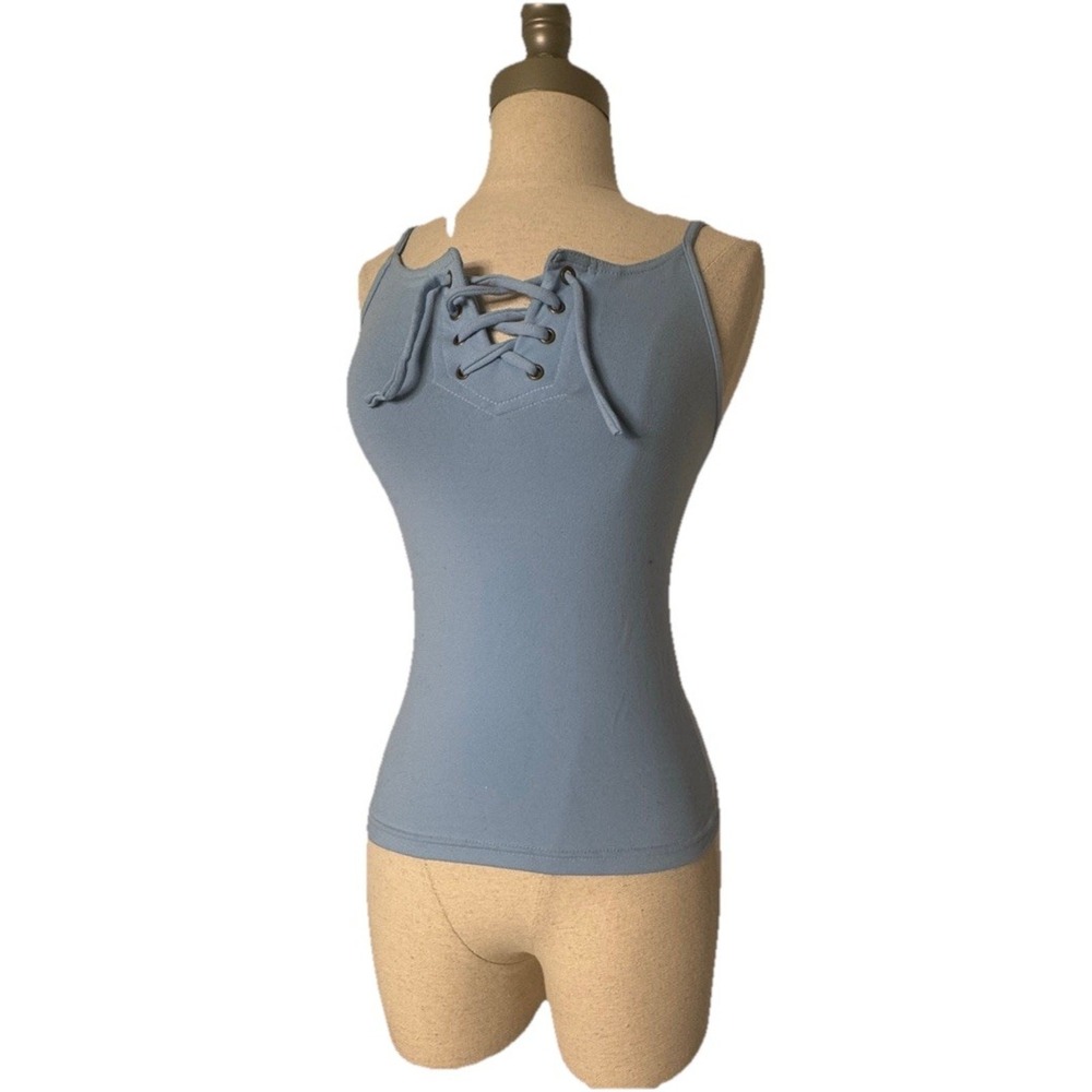 Y2K blue lace up cami tank Women M/L Stretch Cottagecore Boho‎ Festival fairy